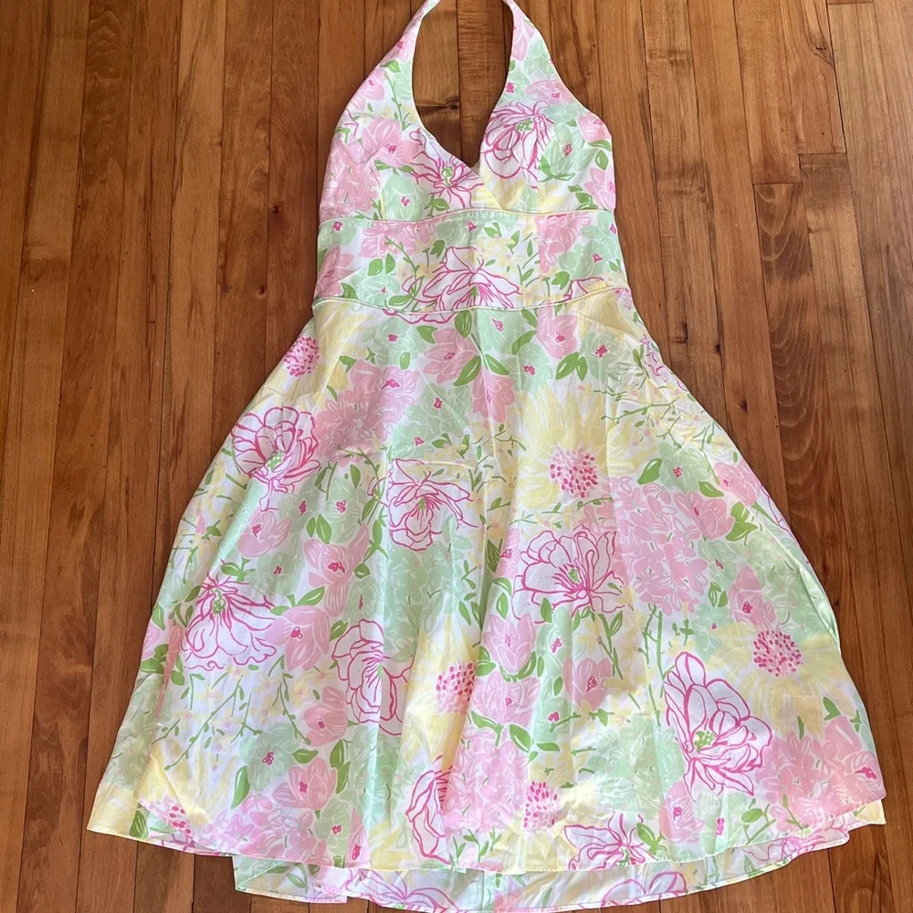 LILLY PULITZER Willa Halter Lined Dress Spring In Bloom Print Pink Yellow Size 8 - Picture 2 of 5